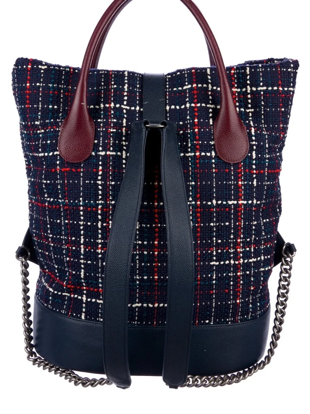 CHANEL Navy Tweed Tote with Red & White Patch Accents